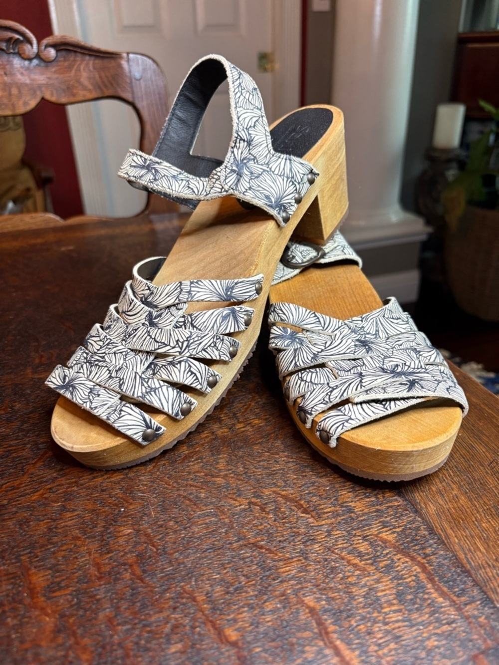 Sanita Floral-Print Wood Block Heel Sandals - White & Brown